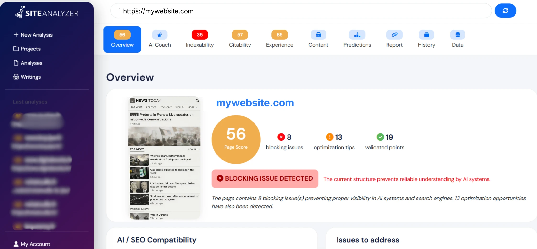Site Analyzer dashboard preview